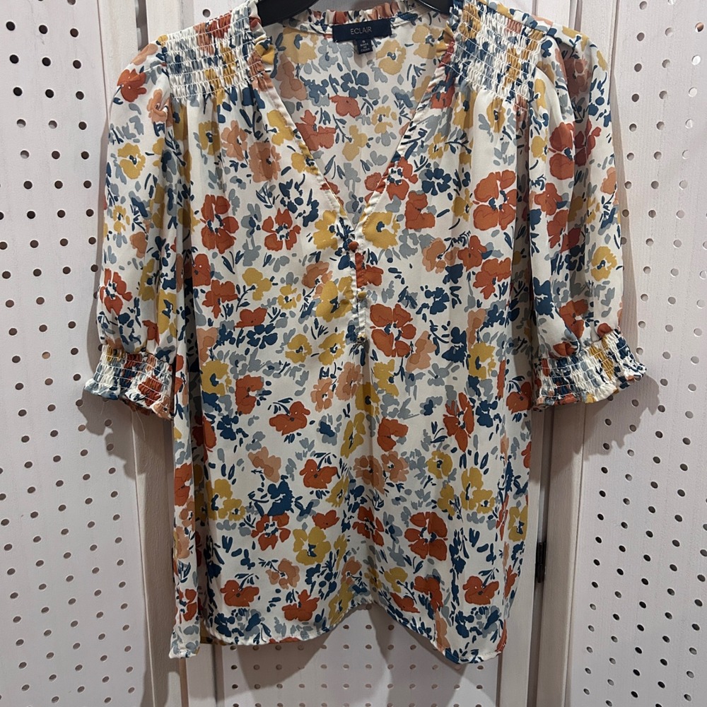 4/$17 ECLAIR Floral Print Smocked Neck V-Neck 3/4 Sleeve Blouse Top Size S